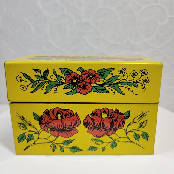Vintage Syndicate Mfg Recipe Box Yellow Red Floral Metal Tin with Divider Cards - Picture 15 of 16